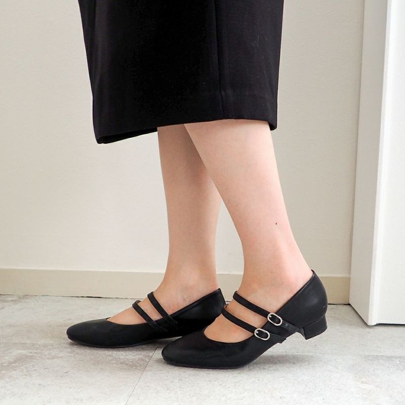 本革 あしながおじさん クロスストラップパンプス 黒 23.0 美品