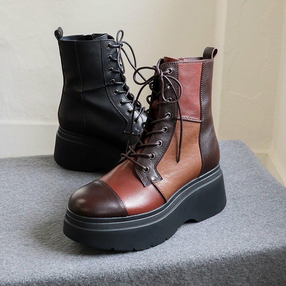 防滑｜厚底パッチワークブーツ